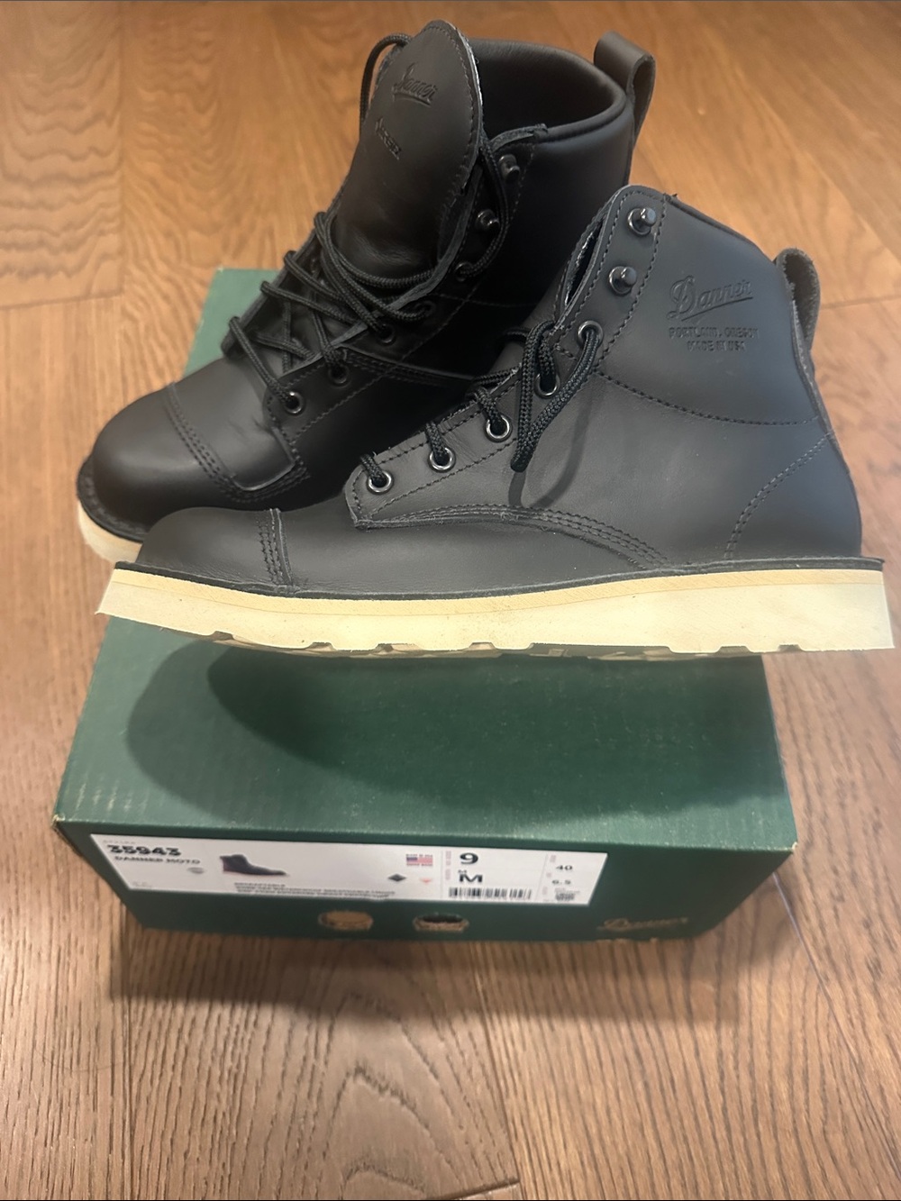 Danner Moto Wedge GTX Black Leather Boots with Cream Wedge Sole